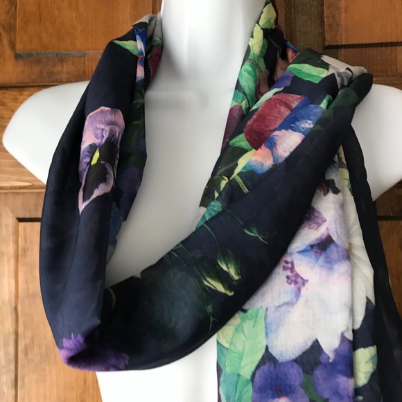 Isaac Mizrahi Live! #2 Navy Blue with Pansies & Other Flowers Scarf 74" x 28" - Picture 2 of 12